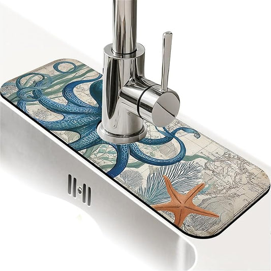 Kitchen Sink Splash Guard，Blue-octopus Faucet Mat Sink Gadgets-Super Absorbent Fast Drying Mat Drip Catcher for Kitchen, Bathroom,Sink Mat, Dish Drying Mat, Bathroom(15" X 5.5" )
