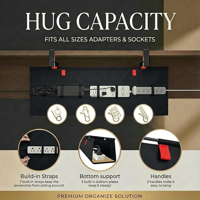 AHOMO [Upgraded] Under Desk Cable Management, 48" Cord Organizer, with Silicone Pads (No Scratch!), 16 Cable Ties, Washable PE Honeycomb Base,Fits Any Desk 0-2.1", No Stinky Cardboard!Black 48"L x 6"W