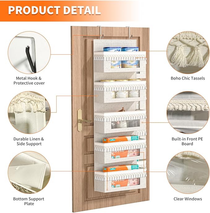 Aokeyee 5 Shelf Over The Door Organizer Nursery, Boho Closet Hanging Organizer Storage with Tassels and Clear Window, Behind The Door Storage for Baby Nursery, Bedroom, Bathroom, Laundry, Pantry