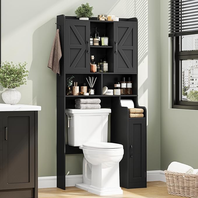 Over The Toilet Storage Cabinet, Bathroom Over Toilet Storage Organizer with Barn Doors and Paper Holder Stand Farmhouse Space Saving Rack Cabinet with Adjustable Shelves for Bathroom, Laundry (Black)