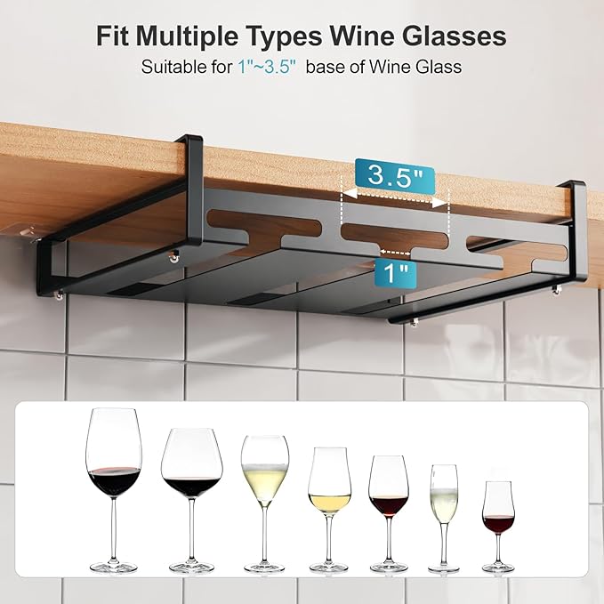 iSPECLE Wine Glass Holder - 3 Rows Under Cabinet Stemware Rack Holds 9 Wine Glasses Upside Down, Quick Access & Tidy Storage for Bar Kitchen, Black