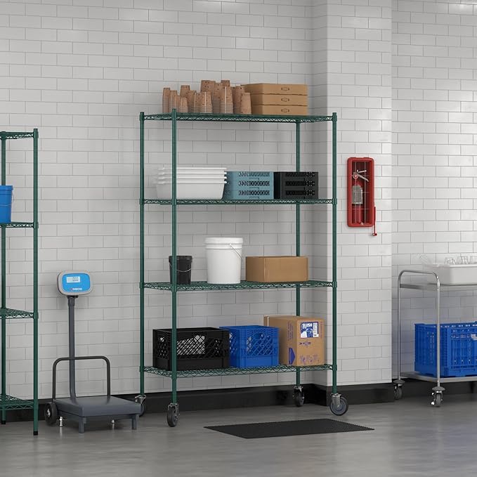Commercial NSF Listed Green Epoxy Mobile Wire Shelving Kit 21" x 48" x 80", with 4 Shelves Perfect for Warehouse, Walk-in Refrigerator, Freezer, Grocery Store, Restaurant, Dishroom
