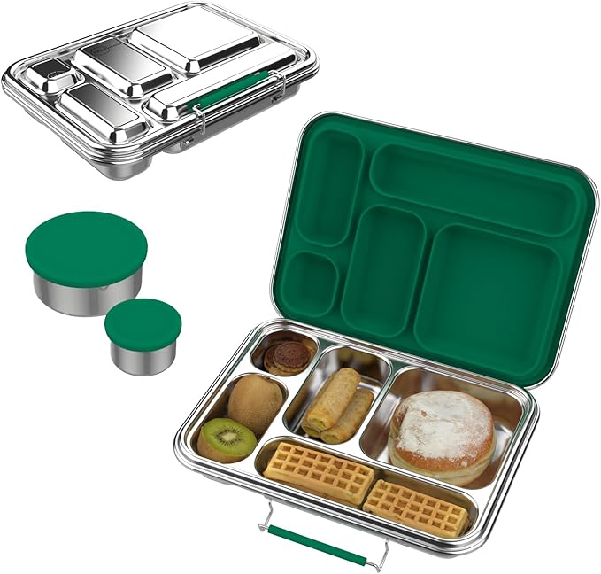 Stainless Steel Bento Box for Adults, 5-Compartments Leak-Resistant Stainless Steel Lunch Container with 2 Container, Dishwasher-Safe,Design for Office Picnics and Travel,BPA-Free Green