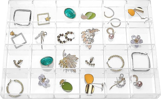 Large Clear Jewelry Organizer Display Tray, Storage Case for Rings, Earrings, Necklaces, Acrylic Drawer Organizer Trays (24 Grids)