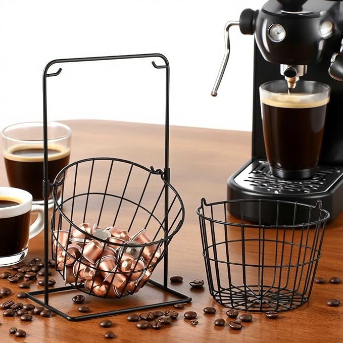 2 Tier Coffee Pod Holder - K Cup Holder Organizer,Hanging Basket Stand for Kitchen Countertop,Coffee Bar Accessories, Metal Black
