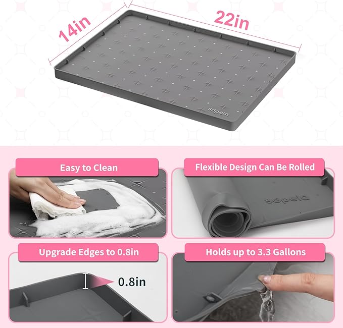 Sdpeia Under Sink Mat 22"×14" Waterproof Silicone Cabinet Liner & Sink Protector for Kitchen & Bathroom, Multi-Purpose Organizers Tray for Pets, Laundry, Cat Litter Mat,Gray
