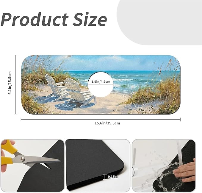 Kitchen Sink Splash Guard，Beach-scene Faucet Mat Sink Gadgets-Super Absorbent Fast Drying Mat Drip Catcher for Kitchen, Bathroom,Sink Mat, Dish Drying Mat, Bathroom(15" X 5.5" )