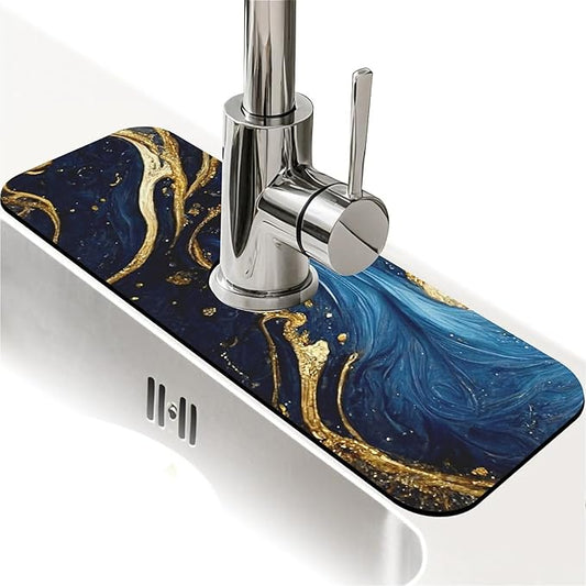 Kitchen Sink Splash Guard，Blue and gold marble texture Faucet Mat Sink Gadgets-Super Absorbent Fast Drying Mat Drip Catcher for Kitchen, Bathroom,Sink Mat, Dish Drying Mat, Bathroom(15" X 5.5" )