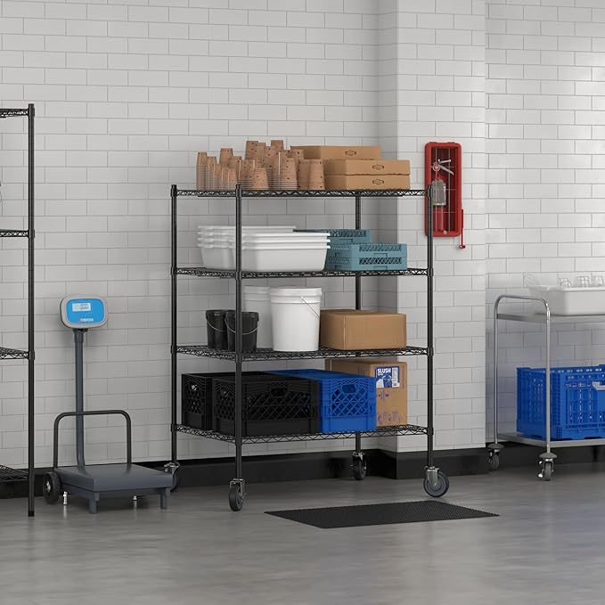 Commercial NSF Listed Black Epoxy Mobile Wire Shelving Kit 30" x 42" x 60", with 4 Shelves Perfect for Warehouse, Walk-in Refrigerator, Freezer, Grocery Store, Restaurant, Dishroom