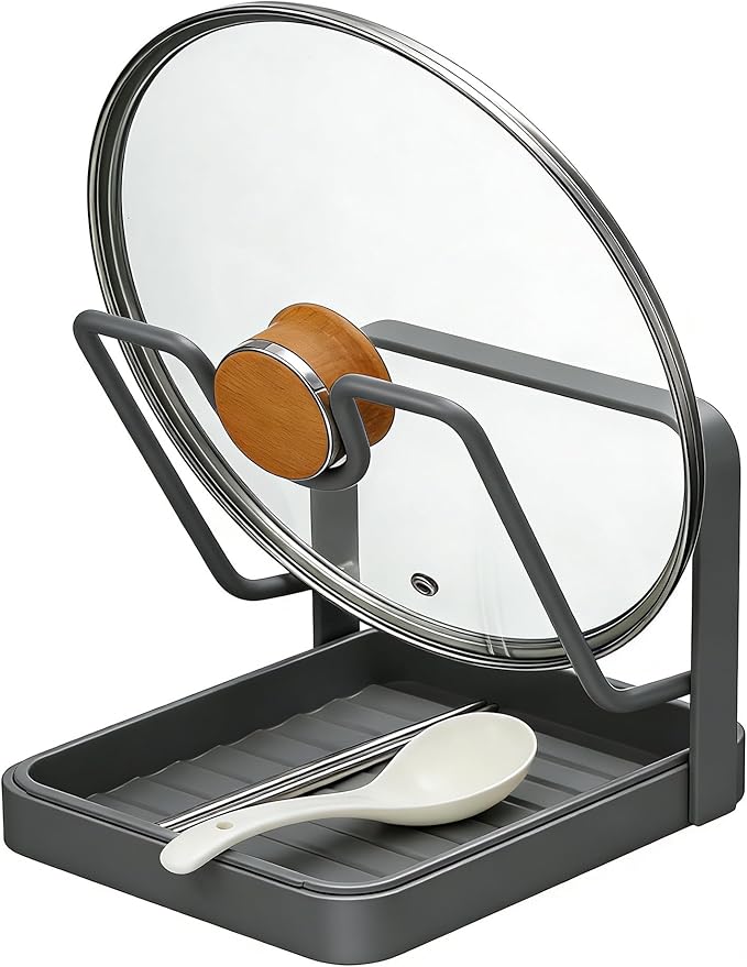 Kitchen Pot Lid Organizer Countertop - Carbon Steel Spoon Rest, Cutting Board Holder with Drip Tray, Rust-Resistant Farmhouse Storage Rack (A-Gray Single-layer)