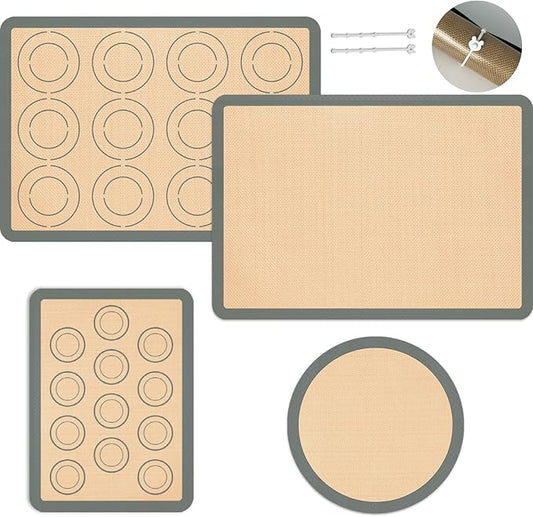 Silicone Baking Mat Set of 4, Nonstick Reusable Macaron Silicone Baking Mat & Round Pizza Mat, Cookie Baking Supplies for Macaroons, Pastry, Pizza, Gray