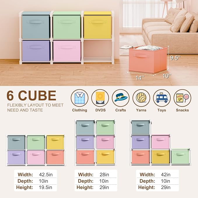 Thyle Large Cube Storage Organizer Shelf with 6 Bins 14 Inch Fabric Collapsible Cubby Storage Drawers Shelving Unit for Christmas Ornaments Clothes Toys Craft(Pastel,Colorful)