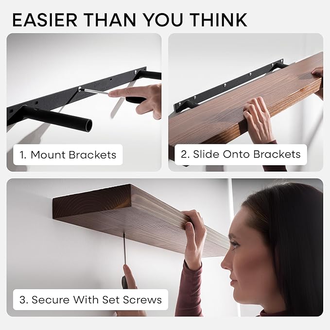 Homeforia Classic Walnut 42 inch Floating Shelf, High End Solid Real Wood Small 42inch Floating Shelves for Wall Mounted, 42in Floating Shelves, Heavy Duty Bracket, 42 X 6.5 X 1.75 inches, Set of 3