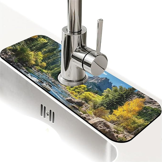 Kitchen Sink Splash Guard，Beautiful mountain stream Faucet Mat Sink Gadgets-Super Absorbent Fast Drying Mat Drip Catcher for Kitchen, Bathroom,Sink Mat, Dish Drying Mat, Bathroom(15" X 5.5" )