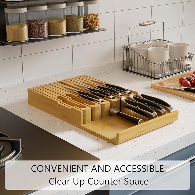 Domax Bamboo In-drawer Knife Block - Kitchen Knife Drawer Organizer Insert, Steak Knife Holder Without Knives, Drawer Knife Organizer Fits for 12 knives and 1 Sharpening Steel (Not Included)
