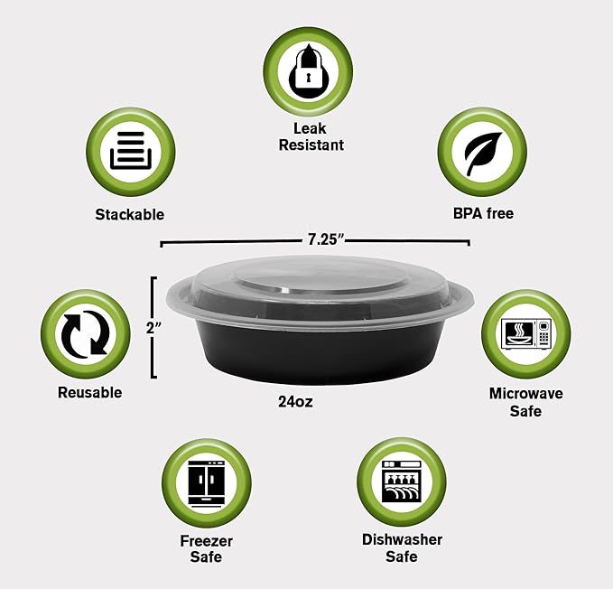 SafeWare Meal Prep Container Reusable with Lids [25 Set- 24oz] Round Ideal-Food Prep Containers, Food Storage Bento Box | Stackable | Microwave | Dishwasher | Freezer Safe.
