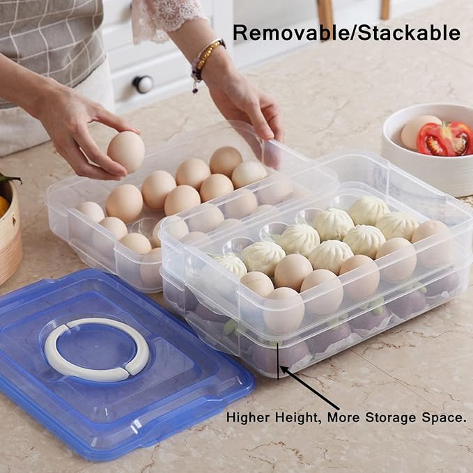 Egg Storage Container for Refrigerator, 3-Layer Deviled Egg Tray, Stackable Fridge Egg Organizer with Lid and Handle, Extra Large Holder, 60 Count Eggs Keeper(green 3 layer)