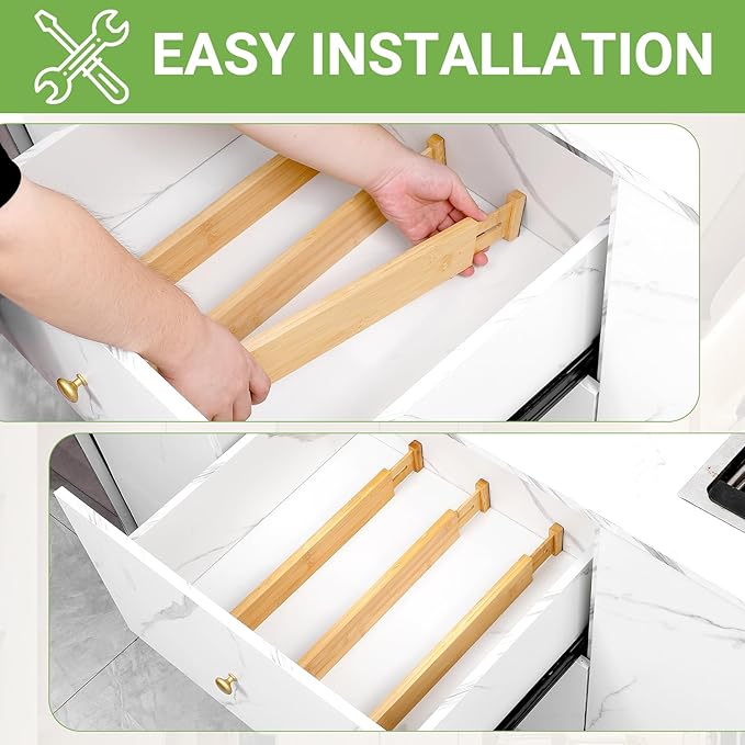 Bamboo Drawer Dividers 4 Pack, 16.4"-21.5" Expandable Drawer Organizer Separators for Kitchen, Bedroom, Dresser