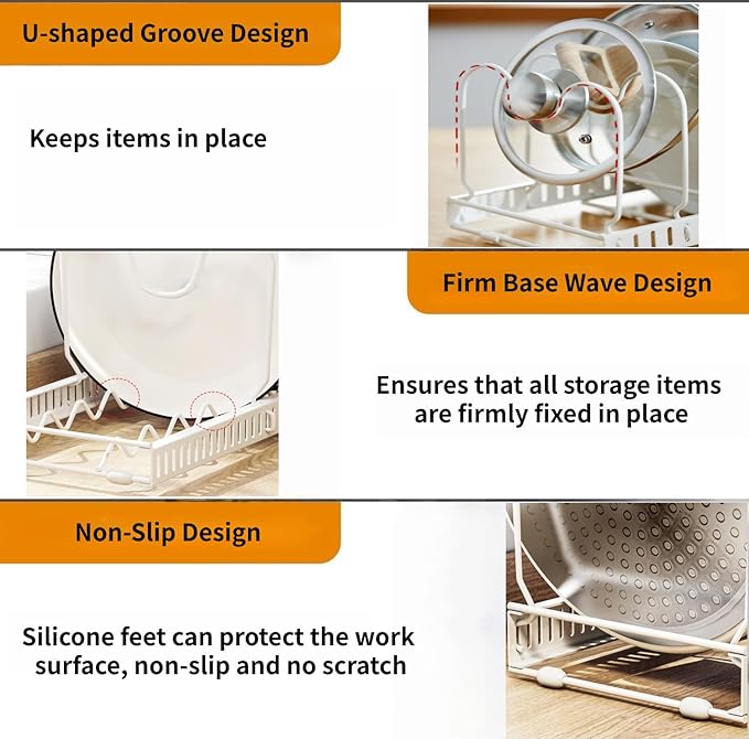 Expandable Under Cabinet Organizer Rack for Pots, Pans, Lids & Bakeware - Adjustable 10-Compartment Kitchen Storage Holder for Cabinet Door, Fits Cutting Boards, White, Expandable 11.81''-22.85''