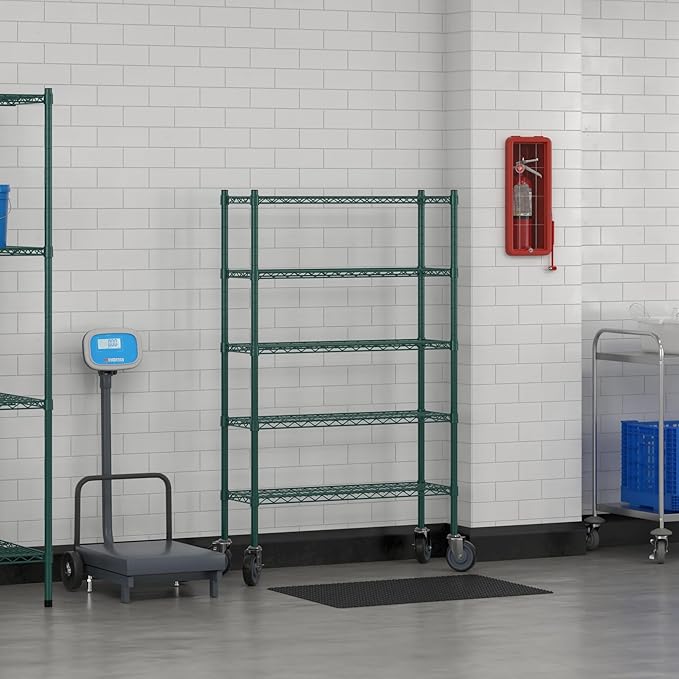 Commercial NSF Listed Green Epoxy Mobile Wire Shelving Kit 12" x 36" x 60", with 5 Shelves Perfect for Warehouse, Walk-in Refrigerator, Freezer, Grocery Store, Restaurant, Dishroom