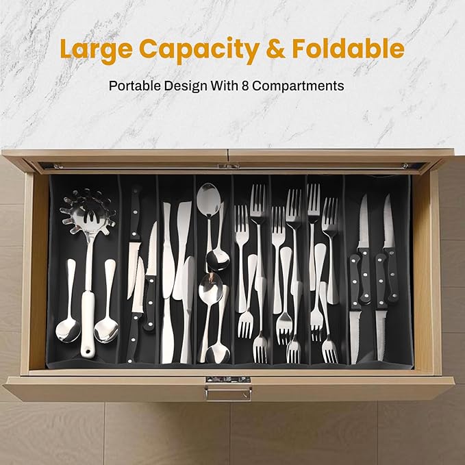 Silicone Silverware Drawer Organizer, Expandable Utensil Tray (3.9-22.4" W, 14.9" D, 1.9" H), 8-Compartment Cutlery Holder with Knife Section, BPA-Free, Non-Slip, Black