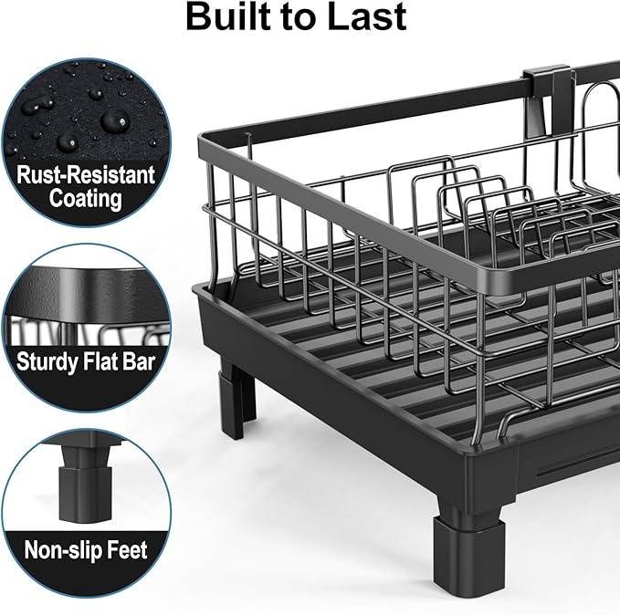 GSlife Expandable Dish Drying Rack for Kitchen Counter - Compact Rust-Resistant Dish Racks with and Cup Holder for Small Apartment, 12.2" W x 12"-20.5" L, Black