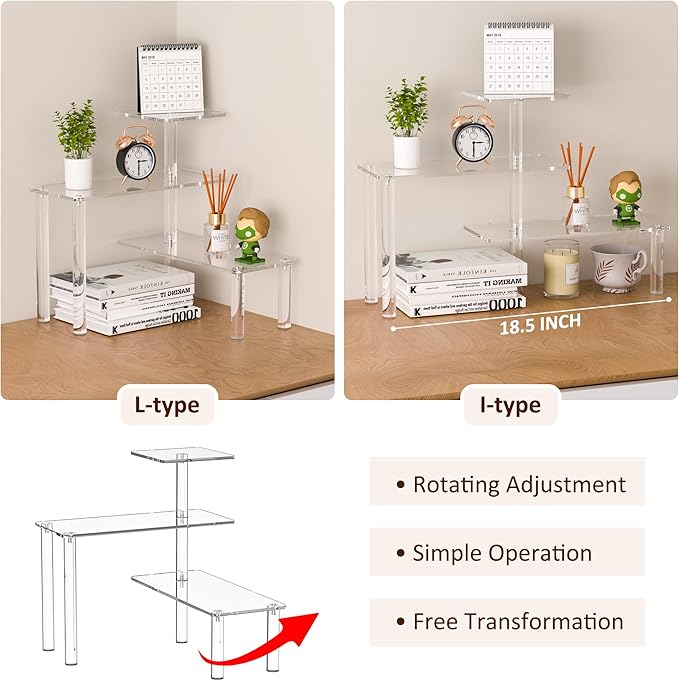 Clear Countertop Corner Organizer Shelf 16.9x16.9x15.6 inch, 3 Tier Acrylic Organizer Corner Shelf for Bathroom, Kitchen, Study Room, Spice Jars, Coffee Bar, Dresser Table, Books