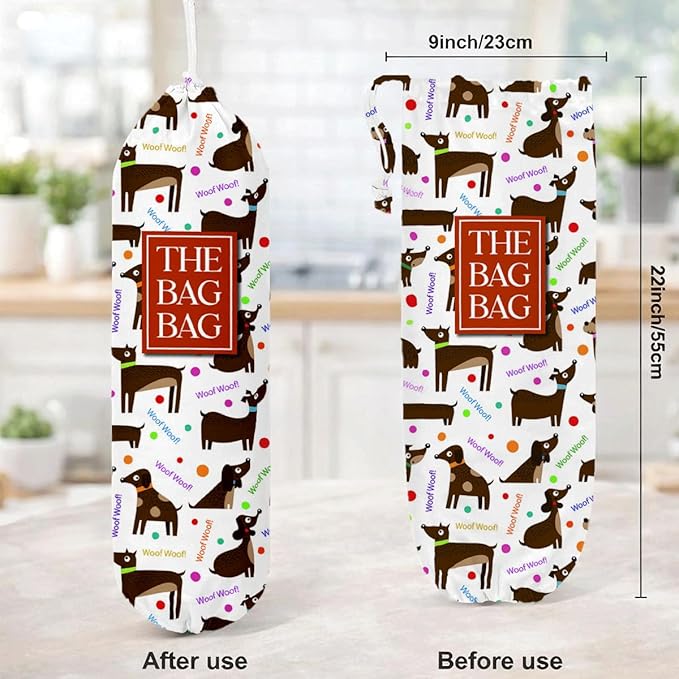 The Bag Bag Grocery Bags Holder, "Woof Woof" Dog Pattern Grocery Bags Holder Organizer for Shopping Sack, Reusable Hanging Trash Sack Dispenser, Kitchen Gift for Women Family Friends