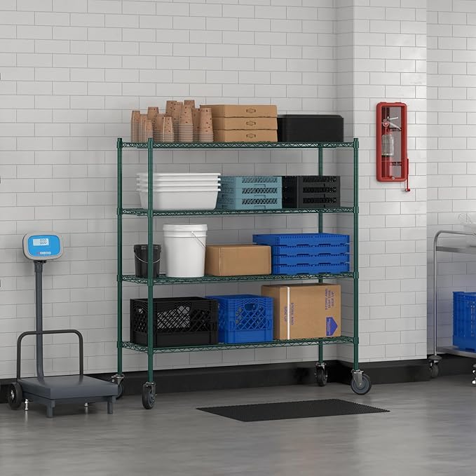 Commercial NSF Listed Green Epoxy Mobile Wire Shelving Kit 18" x 54" x 60", with 4 Shelves Perfect for Warehouse, Walk-in Refrigerator, Freezer, Grocery Store, Restaurant, Dishroom