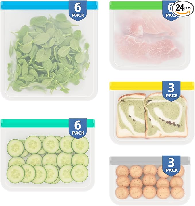 24 Pack Reusable PEVA Food Storage Bags Gallon Freezer Bags, Leak-proof Ziplock Bags for Meal Prep, Travel, Reusable Sandwich Bags for Home Organiz- 6 Gallon 6 Large 6 Quart 3 Sandwich 3 Snack Bags