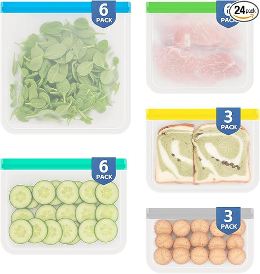 24 Pack Reusable PEVA Food Storage Bags Gallon Freezer Bags, Leak-proof Ziplock Bags for Meal Prep, Travel, Reusable Sandwich Bags for Home Organiz- 6 Gallon 6 Large 6 Quart 3 Sandwich 3 Snack Bags