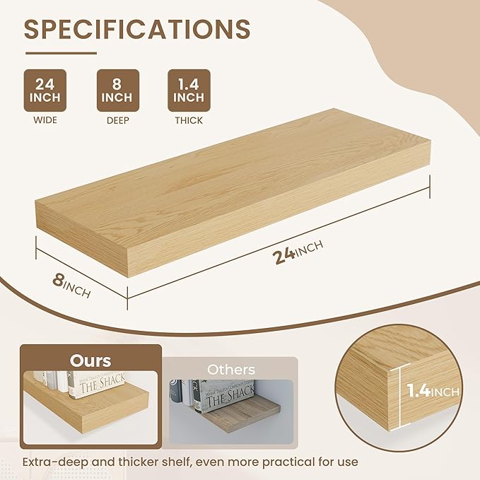 Dreamland 24 Inches Floating Shelves for Wall, 8" Deep Long Floating Shelves Set of 2, Large Display & Storage Shelf, Wall Shelf for Bathroom Bedroom Living Room Kitchen Office, Oak