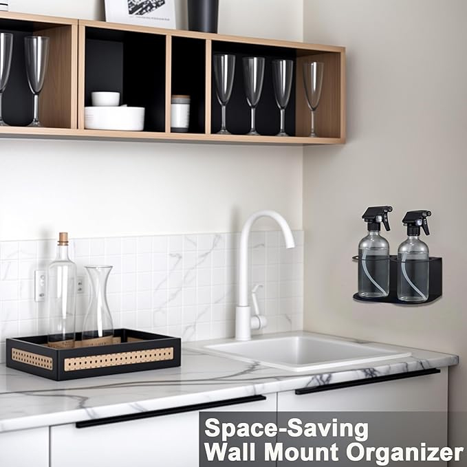 2 Pack Spray Bottle Holder Wall Mount, Heavy Duty Metal Spray Can Holder Rack Organizer with Double Holes, Multi-Purpose Bottle Storage Shelf with Hardware for Garage, Home, Workspace