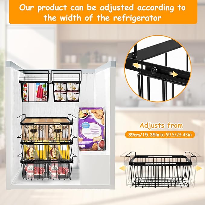 Large Chest Freezer Organizer Bins, Expandable Stackable Freezer Baskets Adjustable from 15.6" To 24.3" Freezer Chest Organizer Stackable Freezer Storage Containers with Hanging Handles