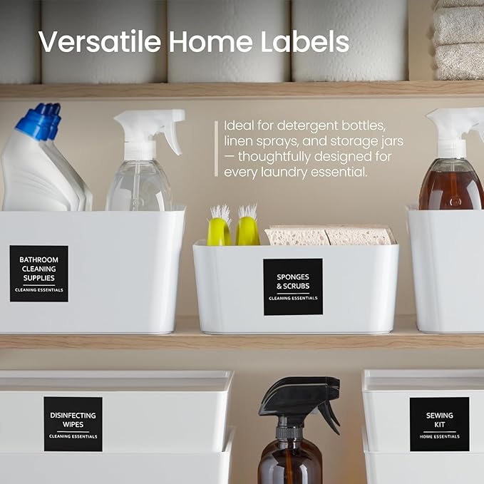 Talented Kitchen 144 Minimalist Laundry Labels – White Print on Matte Black Backing, Waterproof Vinyl Adhesive Stickers for Laundry Room, Kitchen, Pantry, Spice Jars & Household Organization