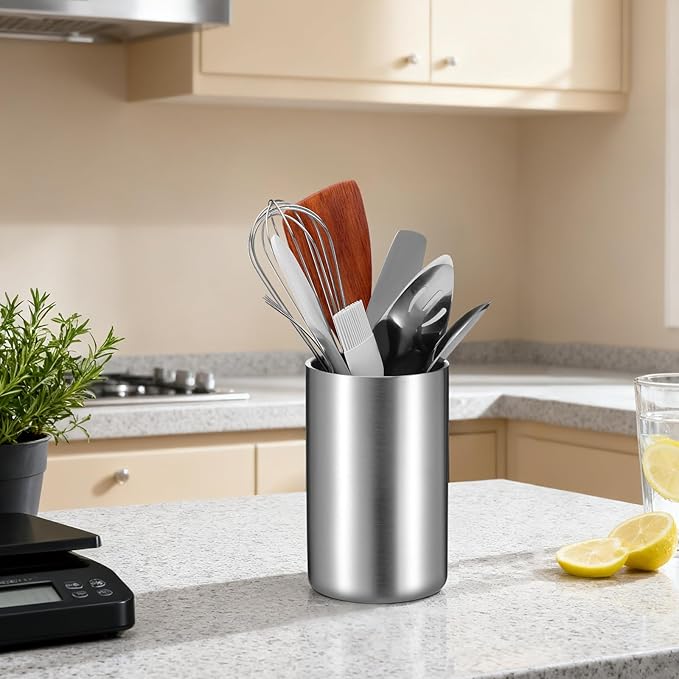 Cooking Utensil Holder for Kitchen Counter 4.7 x 7.5 inch Stainless Steel Sleek Kitchen Utensil Holder for Countertop Spatula Spoon Caddy Organizer, Silver