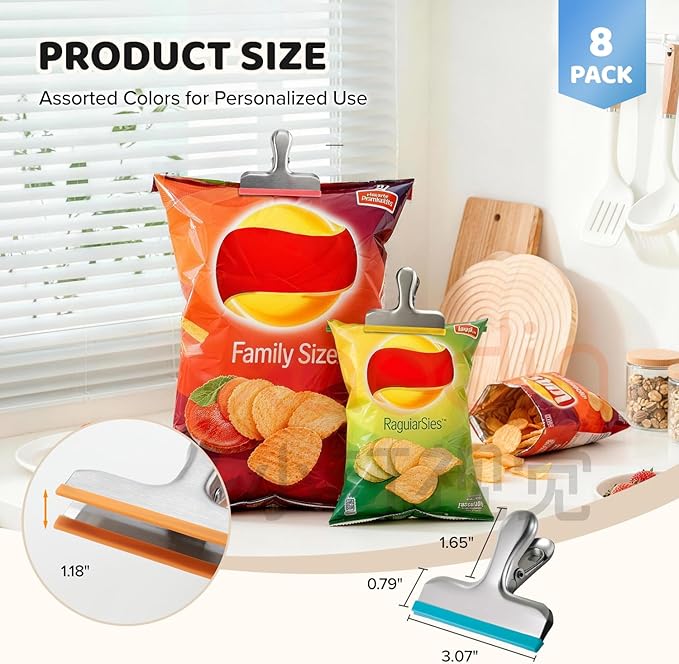 HOUSE AGAIN 8 Pack Stainless Steel Chip Bag Clips Covered with Silicone - NO More Sharp Edges - Color Coded for Food Bags - Air Tight Seal, Heavy Duty for Kitchen and Office, 3 Inches, Colorful