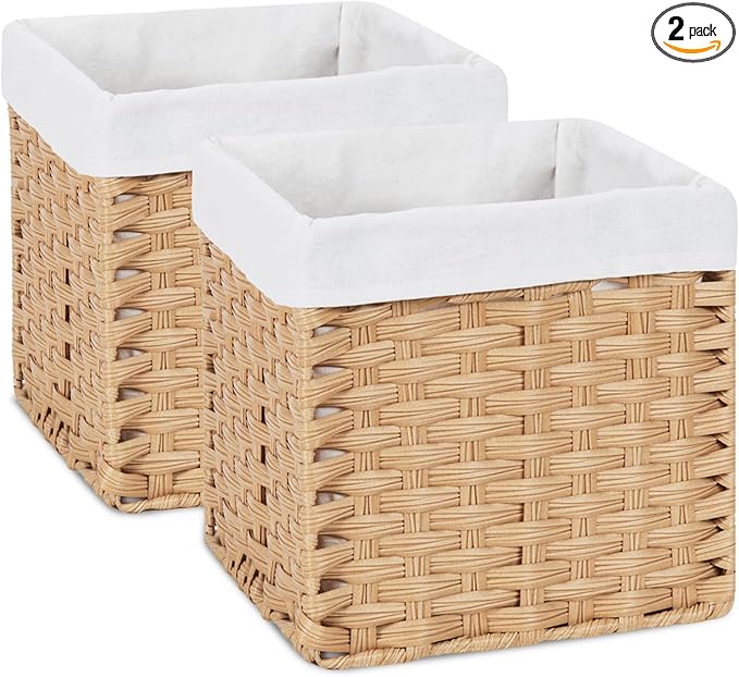 Bidtakay Wicker Storage Baskets with Liners 11x11 Storage Cube Bins Woven Basket with Imitation Water Hyacinth 2-Pack Waterproof Woven Storage Bins for Organizing Rattan Baskets Organizer-Natural