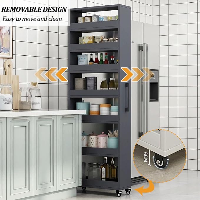 7-Tier Slim Storage Cart, Wooden Rolling Pantry Cabinet with Wheels, Narrow Shelf Organizer for Kitchen, Bakers Rack, Dining Room, Closet,White,W7.9×D21.7×H72.4