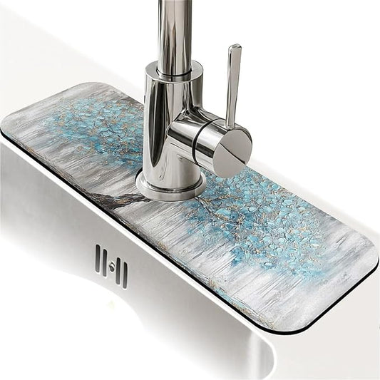 Kitchen Sink Splash Guard，light blue tree Faucet Mat Sink Gadgets-Super Absorbent Fast Drying Mat Drip Catcher for Kitchen, Bathroom,Sink Mat, Dish Drying Mat, Bathroom(15" X 5.5" )