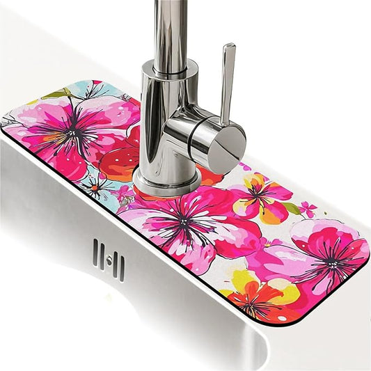 Kitchen Sink Splash Guard，Colorful fantastical flowers Faucet Mat Sink Gadgets-Super Absorbent Fast Drying Mat Drip Catcher for Kitchen, Bathroom,Sink Mat, Dish Drying Mat, Bathroom(15" X 5.5" )