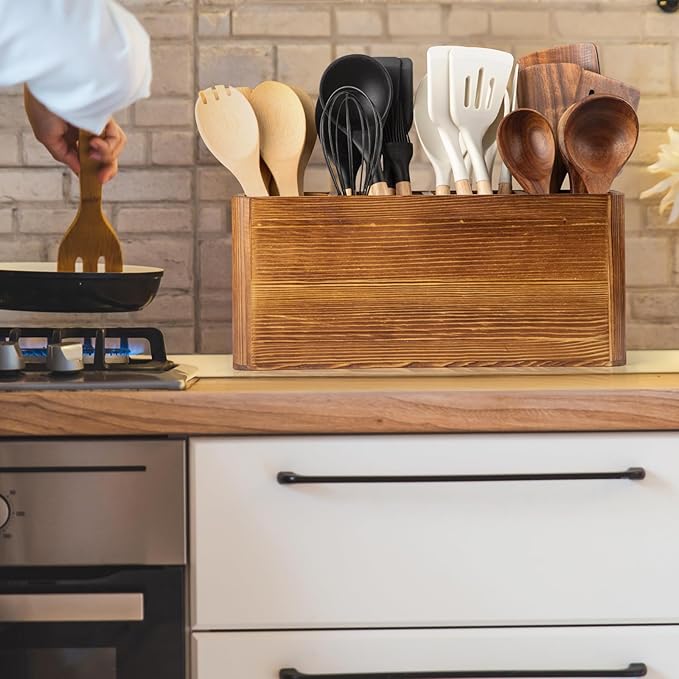 Extra Large Farmhouse Utensil Holder for Kitchen Counter, Large Wooden Utensil Holder with 4 Compartments