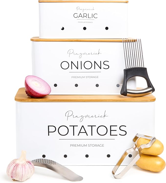 Potato and Onion Storage Bin with Garlic Canister + 3 Stainless Steel Gadgets - Garlic Press, Onion Holder, Vegetable Peeler, Kitchen Vegetable Storage Tin