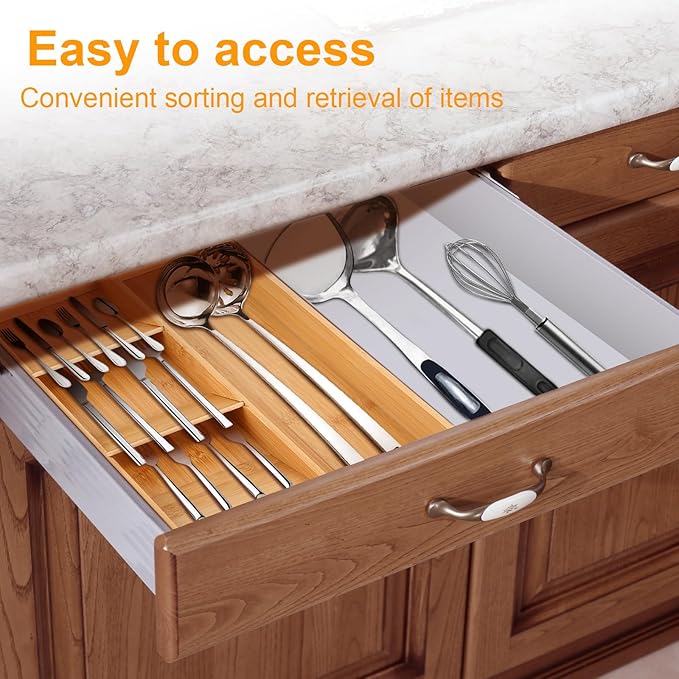 Silverware Drawer Organizer with Expandable Tray for Kitchen Drawer, Adjustable Compact Plastic Kitchen Utensil Storage for Spoons Forks Knives Easy to Access & Clean (bamboo, standard)