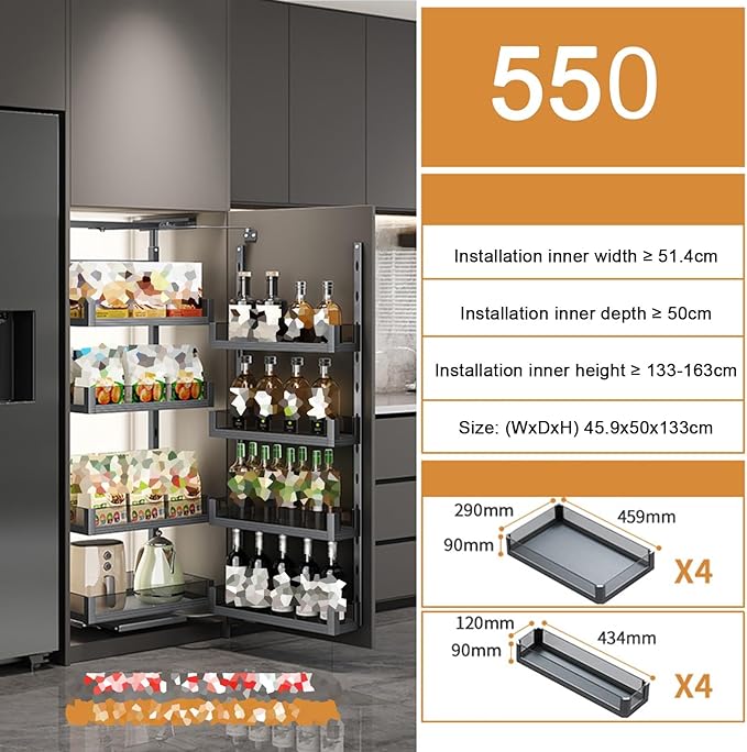 WIGING 4-Tier Narrow Cabinet Pull-Out Basket, High Cabinet Pull-Out Storage Rack with Adjustable Dividers for Kitchen Bathroom Pantry, Single-Layer Load Capacity: 15kg(45.9x50x133cm)