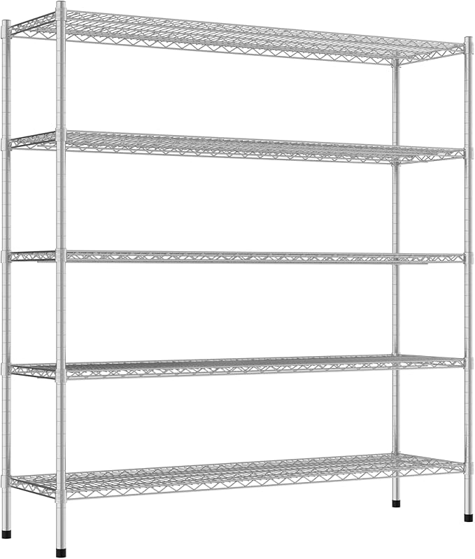 Commercial NSF Listed Chrome Stationary Wire Shelving Kit 18" x 60" x 64", with 5 Shelves Perfect for Warehouse, Walk-in Refrigerator, Freezer, Grocery Store, Restaurant, Dishroom