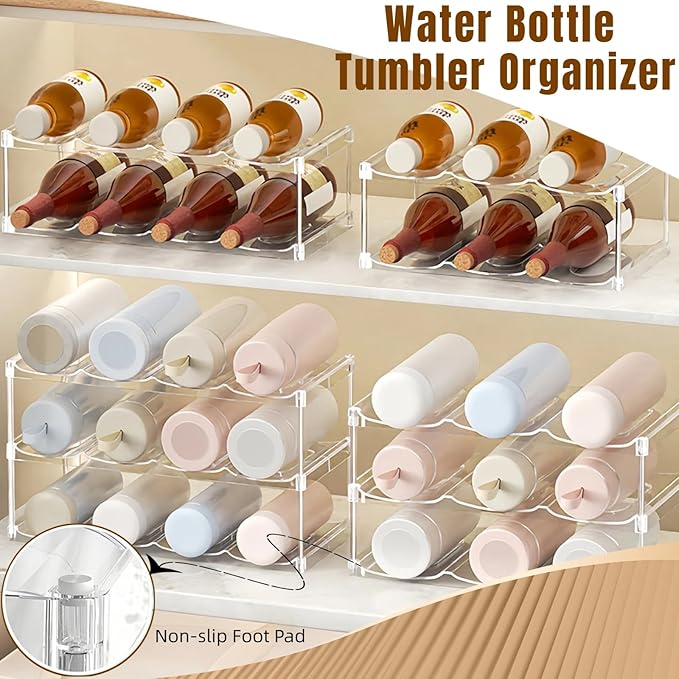 Water Bottle Organizer for Stanley 40 OZ Tumbler Cup Accessories, Clear Stackable Bottle Holder Wine Rack for Cabinet Countertop Kitchen Home Pantry Shelf Storage, 2 Tier Hold 8 Bottles
