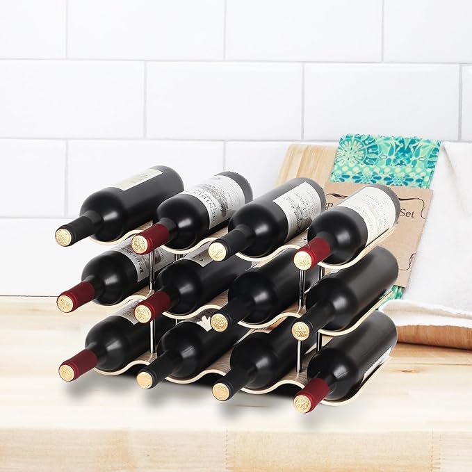 12 Bottles Wine Racks Countertop for Shelf, 3-Tier Wooden Wine Bottle Holder Stand, freestanding Wine Storage for Inside Cabinet Organizer for Home Décor, Bar and Pantry