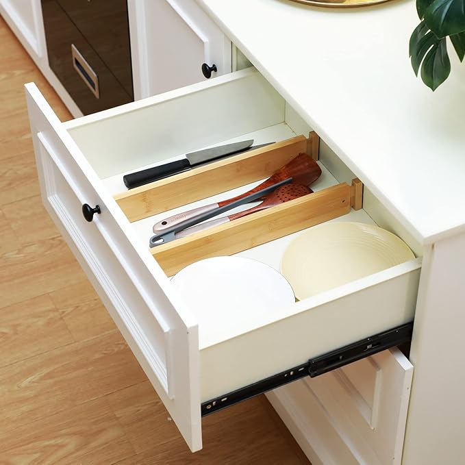 Sawysine 12 Pcs Bamboo Drawer Dividers Adjustable Drawer Organizers Spring Separators Organization Expandable Organizers for Kitchen Bedroom Bathroom Dresser Office (Natural Color,17 x 2.4 Inches)