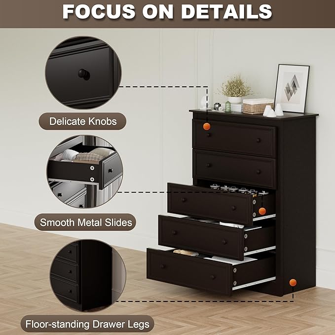 5 Drawer Dresser for Bedroom, Tall Wooden Chest of Drawers with Spacious Top, Modern Storage Organizer Cabinet for Closet, Nursery, Living Room, 15.7" D x 31.5" W x 45.7" H (Chocolate)